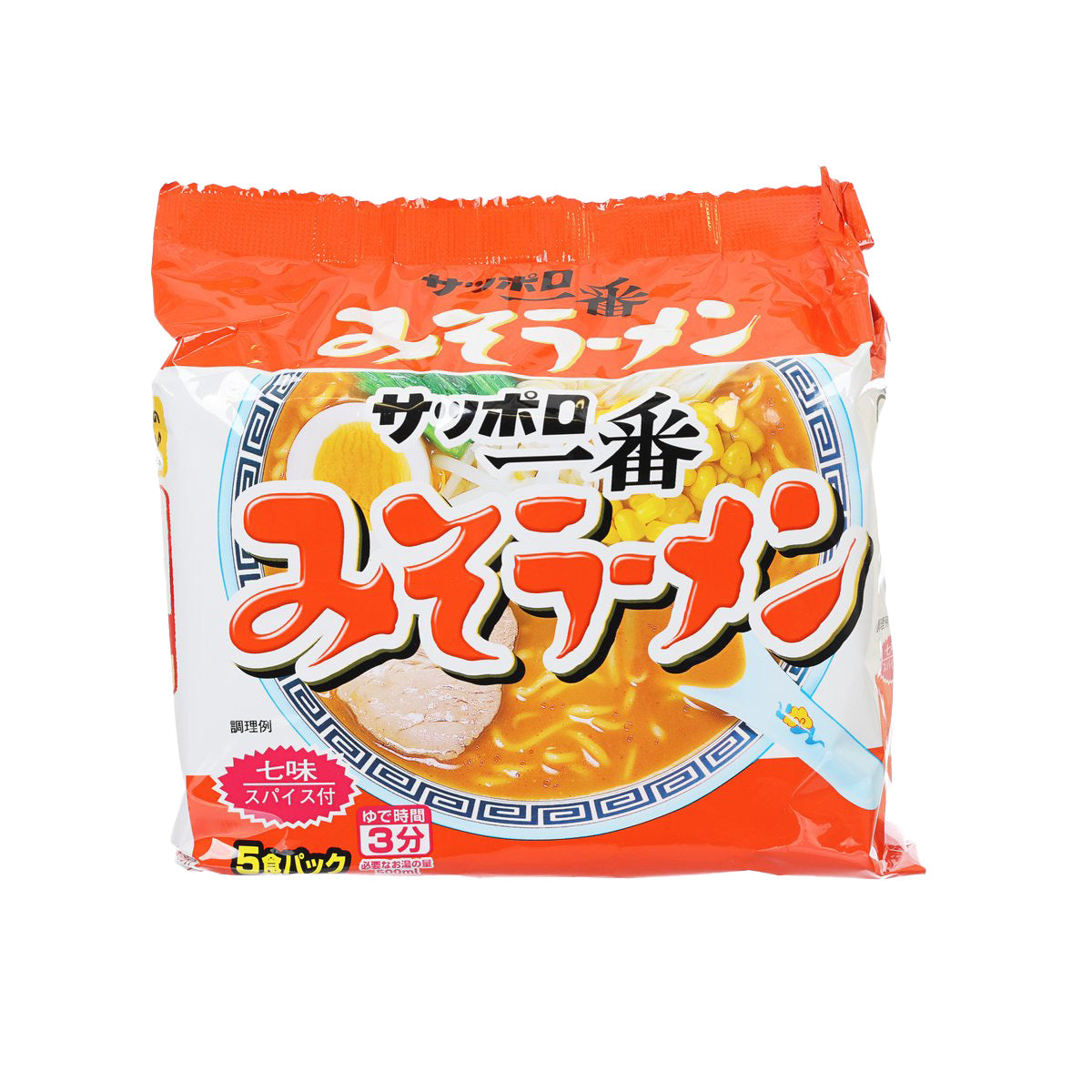 Instant miso ramen noodle pack, orange and white front with Japanese label