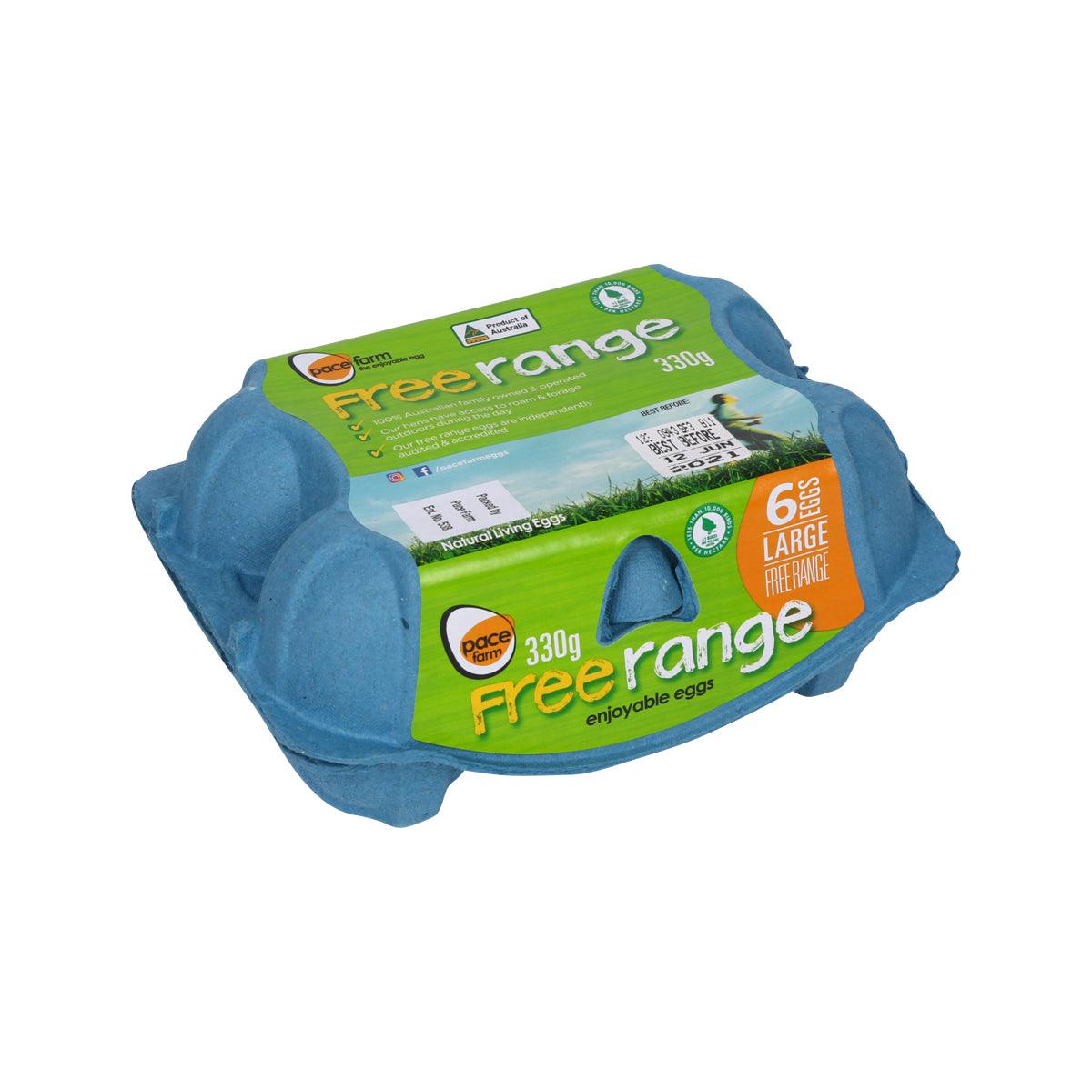 Free range eggs pack with green label on blue carton tray, 6 eggs, 330g