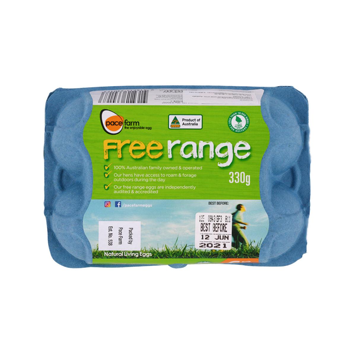 Free range eggs carton with blue tray packaging, 6 eggs, 330g