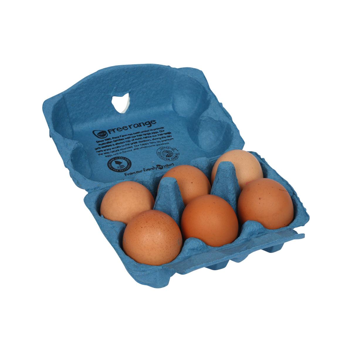 Free range eggs in blue open carton tray with five visible brown eggs