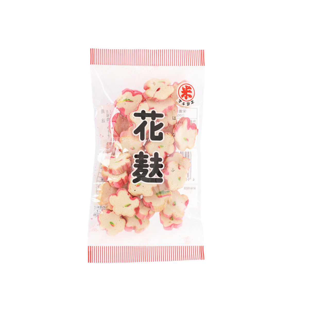 Flower-shaped wheat gluten snack in clear bag, pink and cream flower pieces