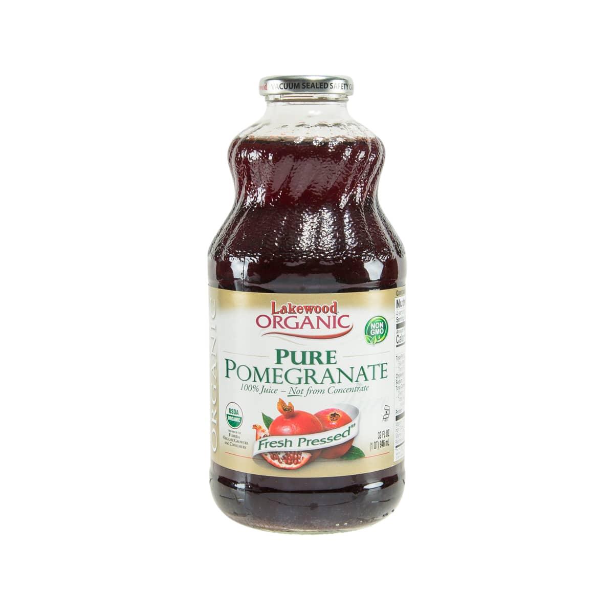 LAKEWOOD Organic pure pomegranate juice bottle, 946 mL, dark red liquid