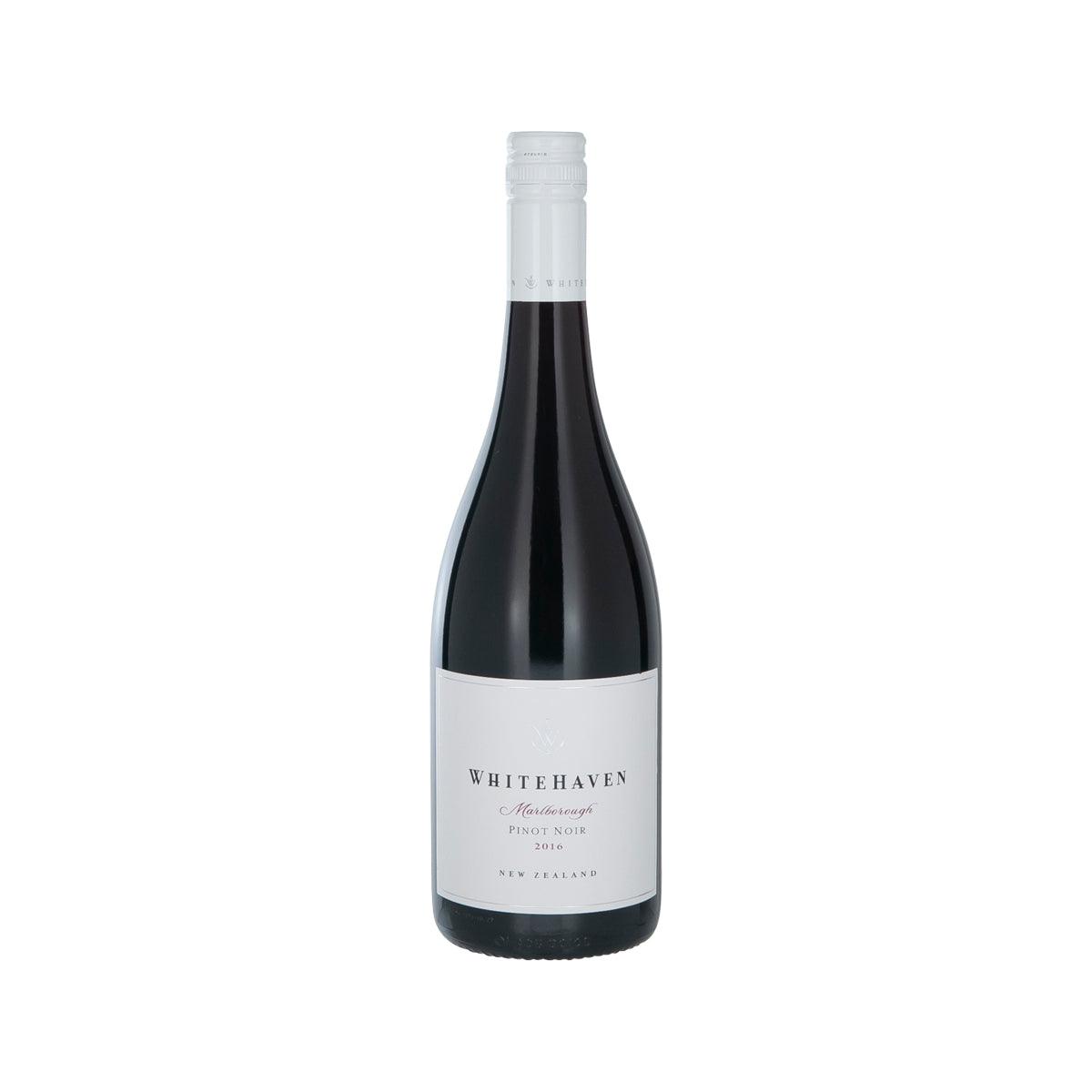 WHITEHAVEN Pinot Noir wine bottle with white label and dark glass, 750 mL.