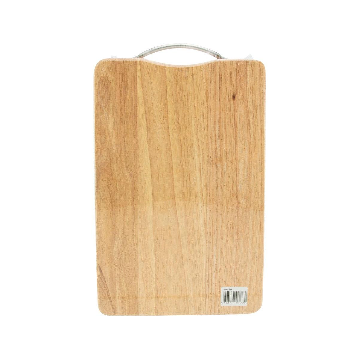 Wooden rectangle cutting board with handle and barcode label on back