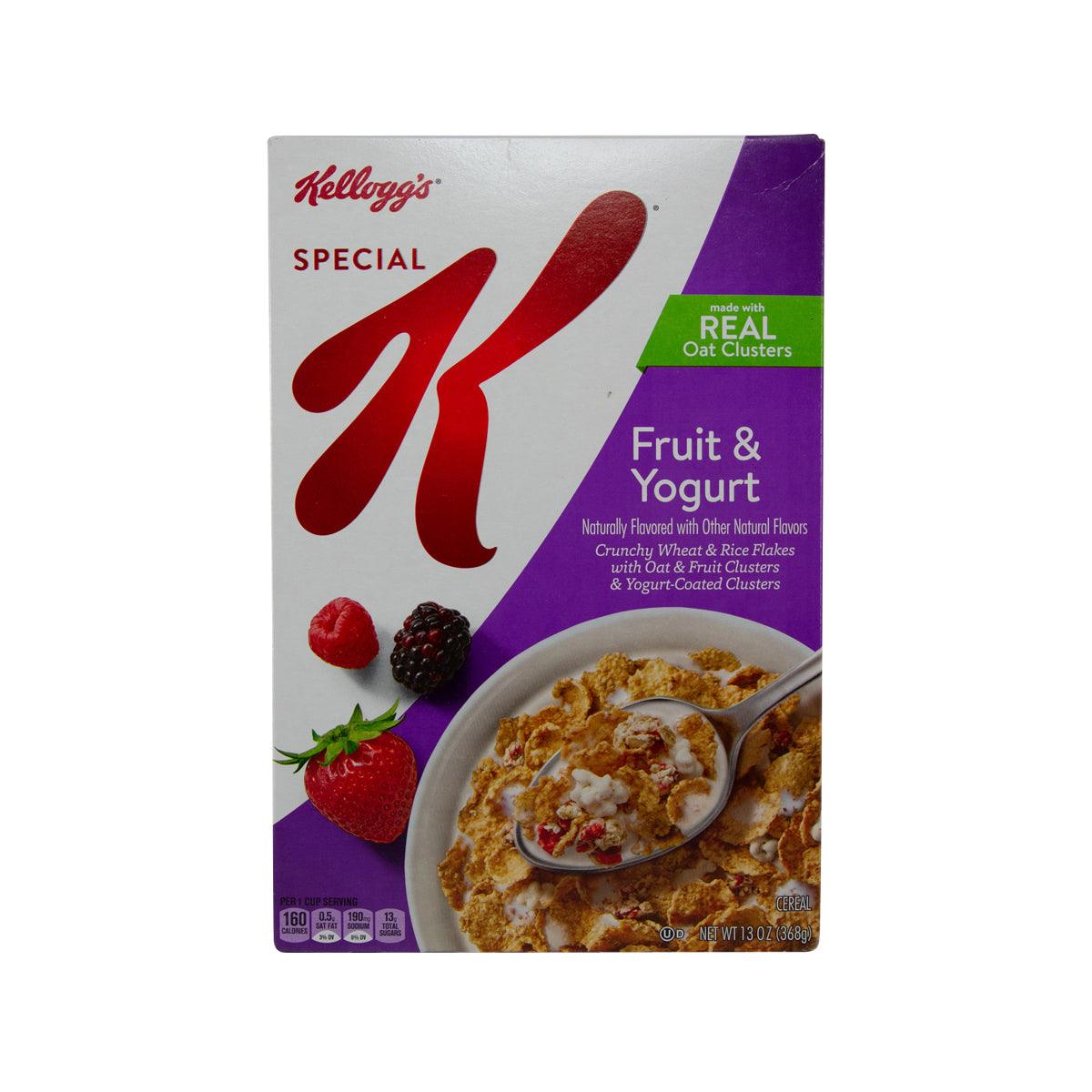 Cereal box with fruit & yogurt graphic, bowl image, and purple accents
