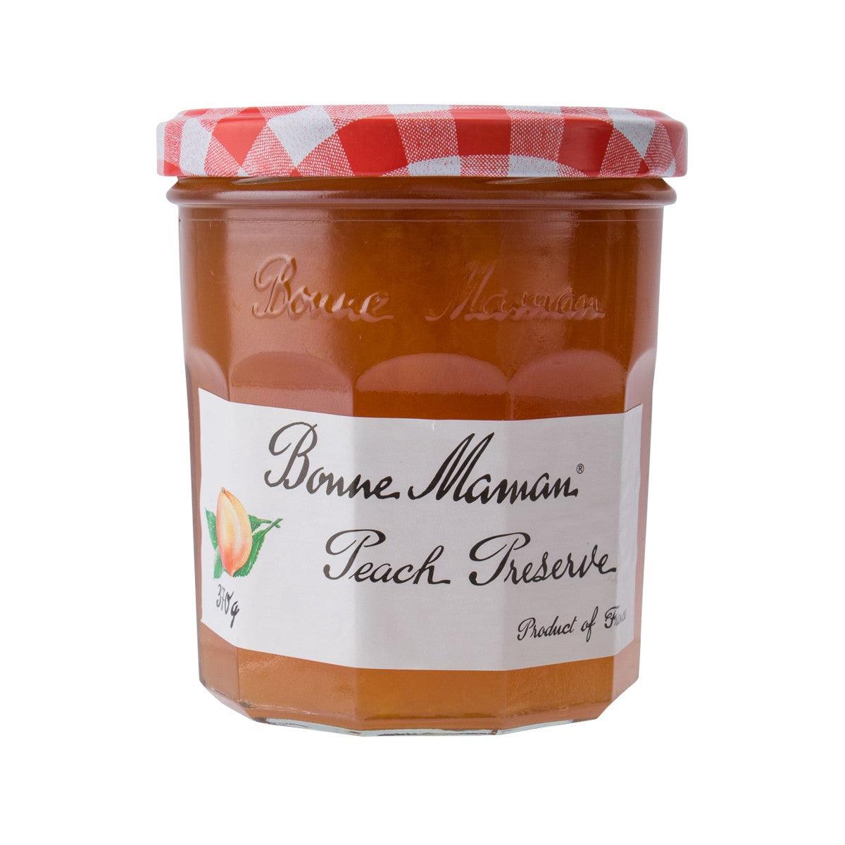 BONNE MAMAN Peach Preserve jam jar with red plaid lid, glass container