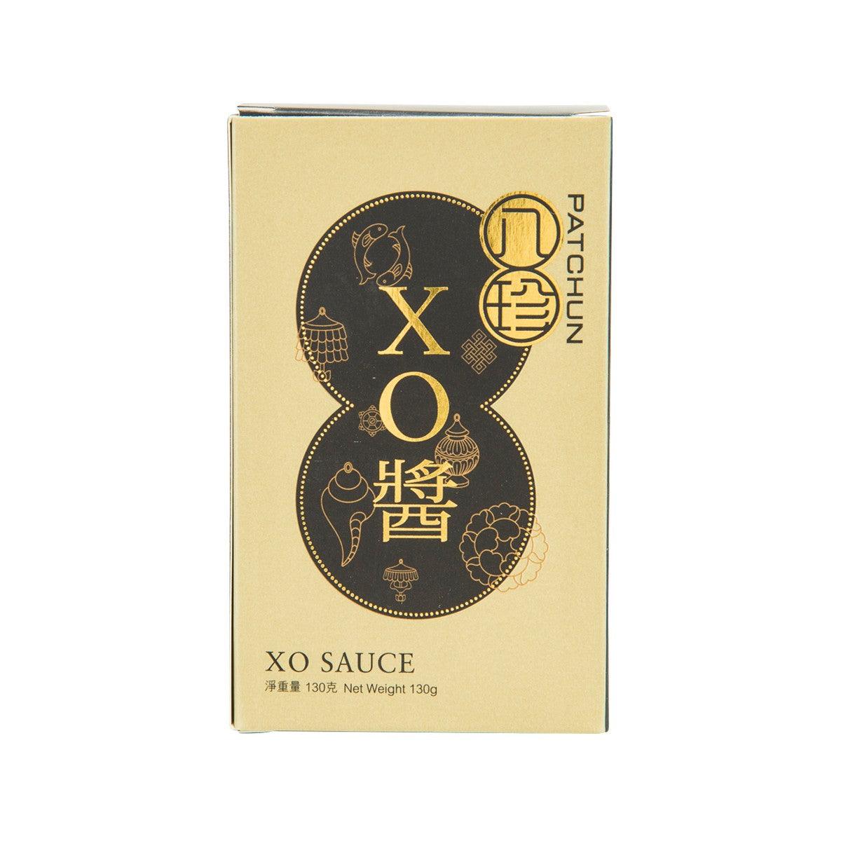 XO sauce carton box, cream with gold text and cat/bottle graphic, 130g