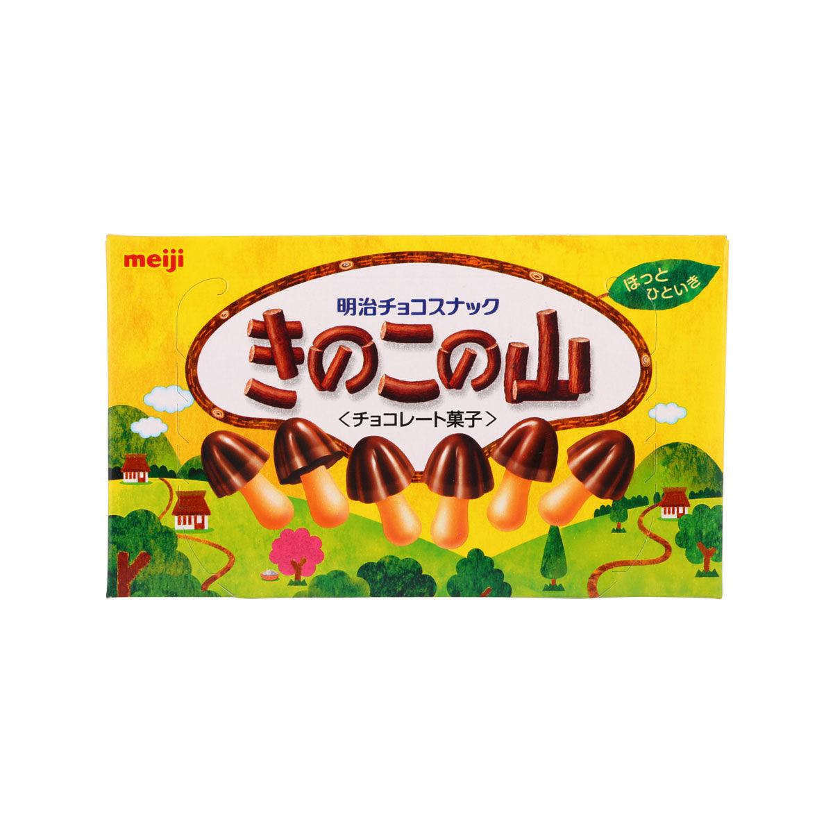 Meiji mushroom-shaped chocolate snack box, yellow front with mushroom design