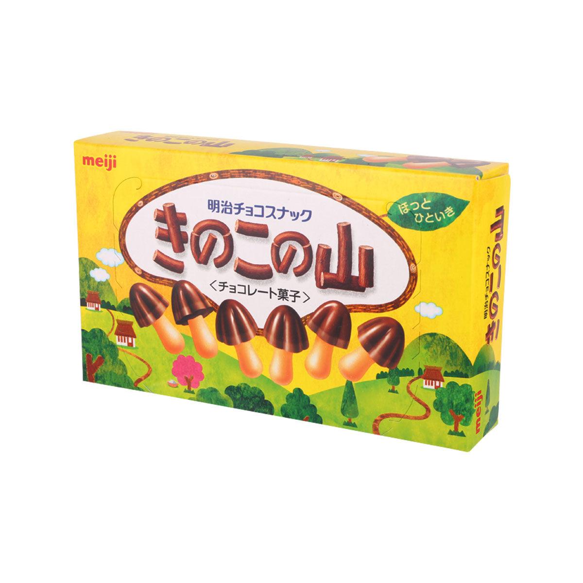 Meiji mushroom-shaped chocolate snack box, side view with mushroom-shaped chocolates