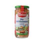 MEICA organic bockwurst sausages in glass jar with green lid, 6 pieces label
