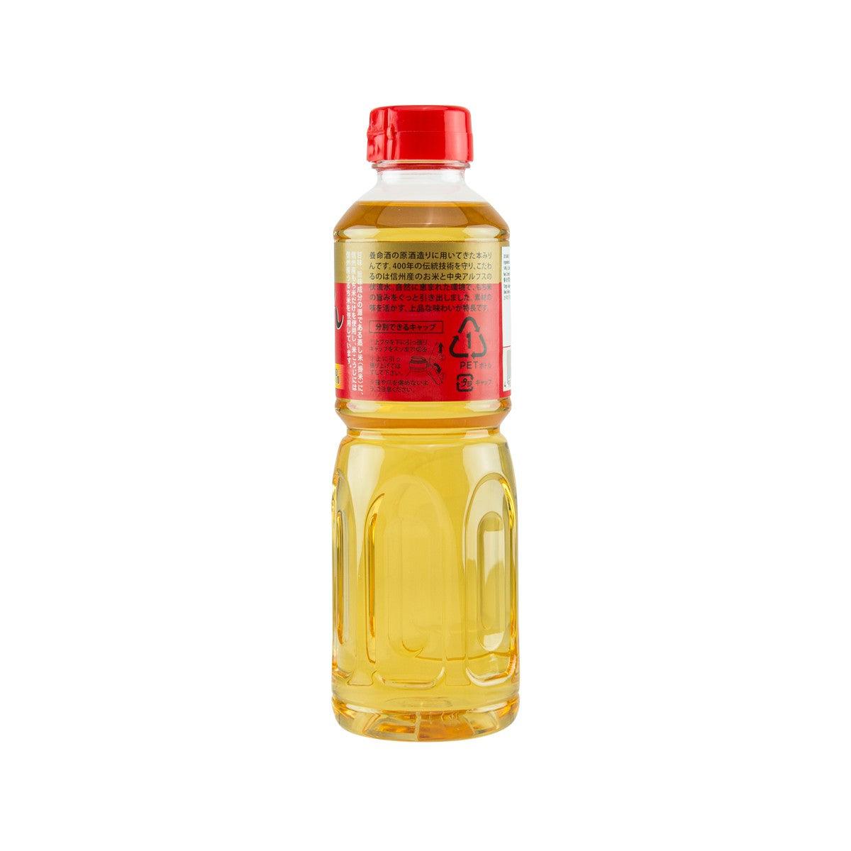 YOMEISHU mirin cooking wine bottle, back label view, red cap, amber liquid