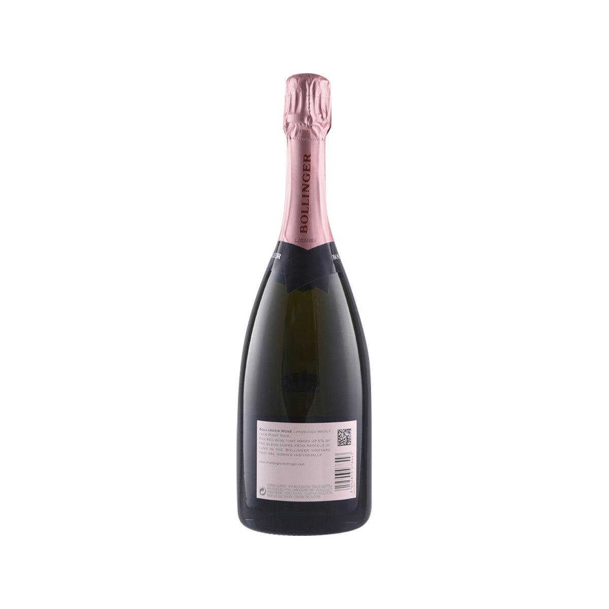 BOLLINGER Rose NV champagne bottle, back label side, pink foil top