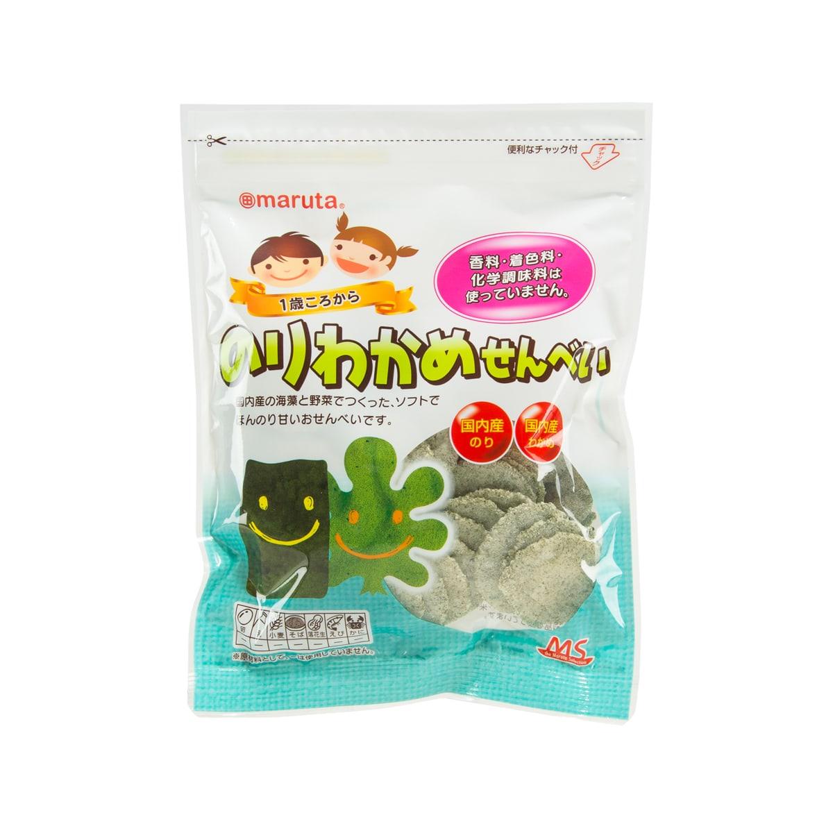 Seaweed cracker snack package, front view with seaweed characters and pale green crackers