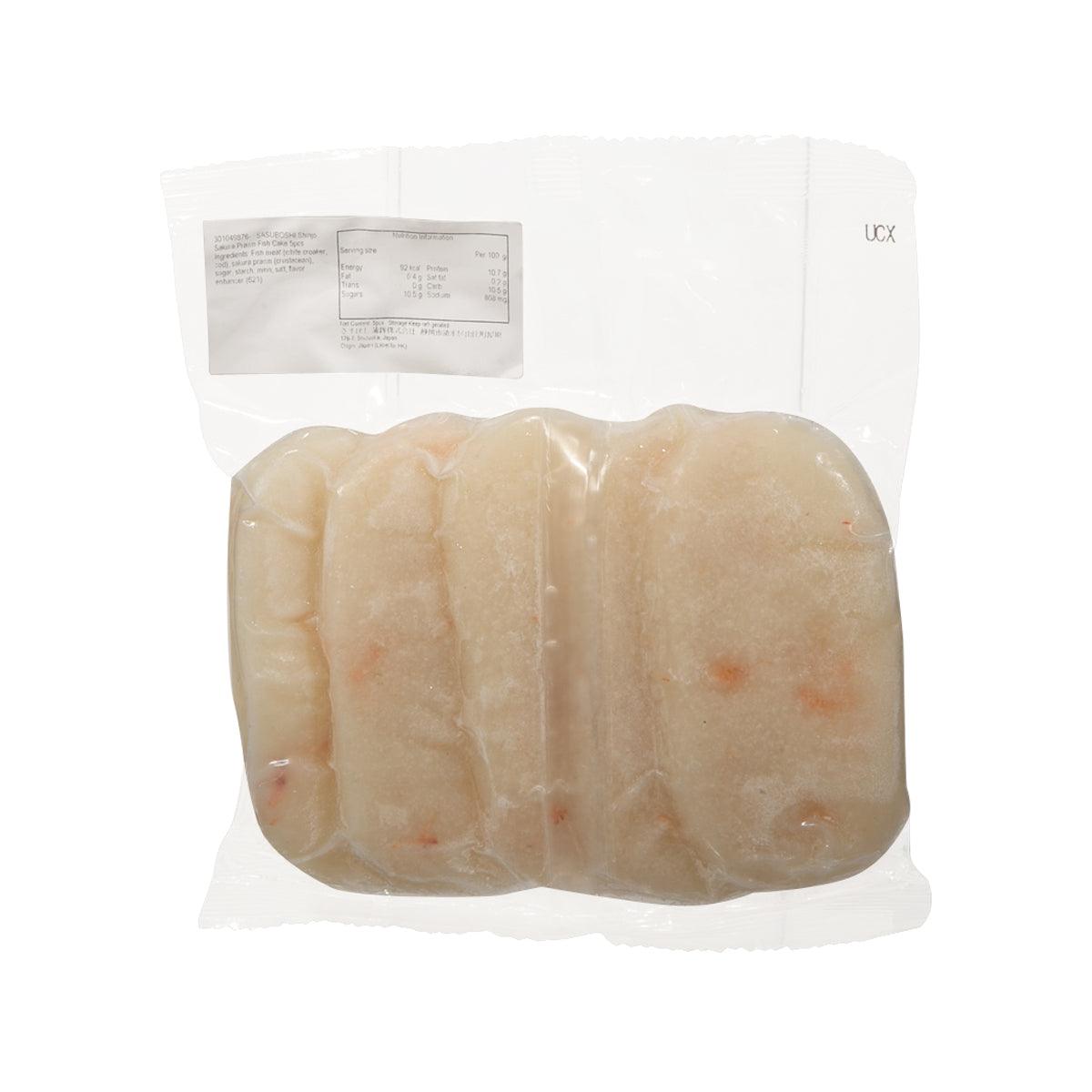 Beige fish cake pieces in sealed plastic pouch, flat front view