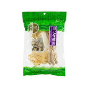 Herbal soup ingredient bag with mixed dried roots and herbs, green-and-clear packaging