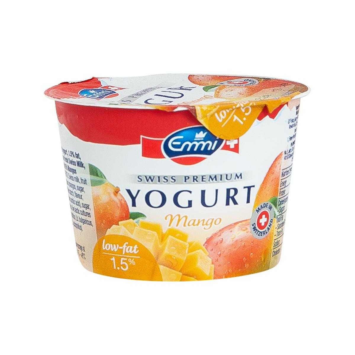Low-fat mango yogurt cup with swirl lid, Swiss Premium label