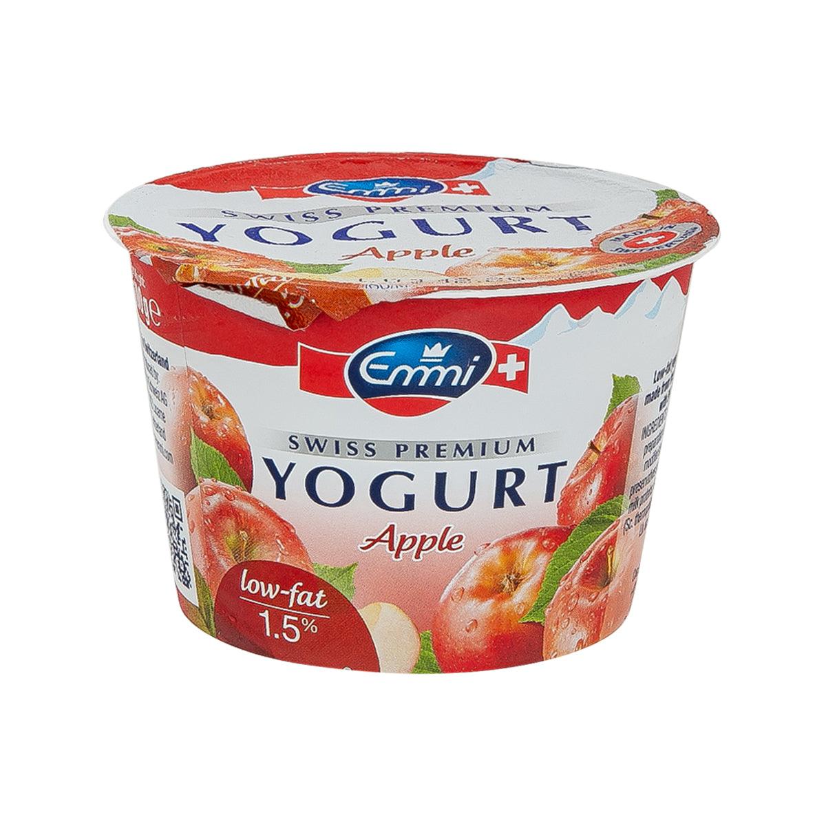 EMMI low-fat Swiss yogurt cup, Apple flavor, 1.5% label