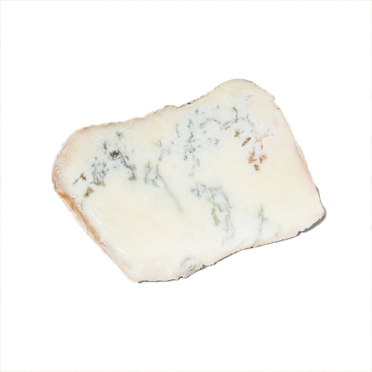 Marbled cheddar cheese wedge with blue-green veining and off-white interior