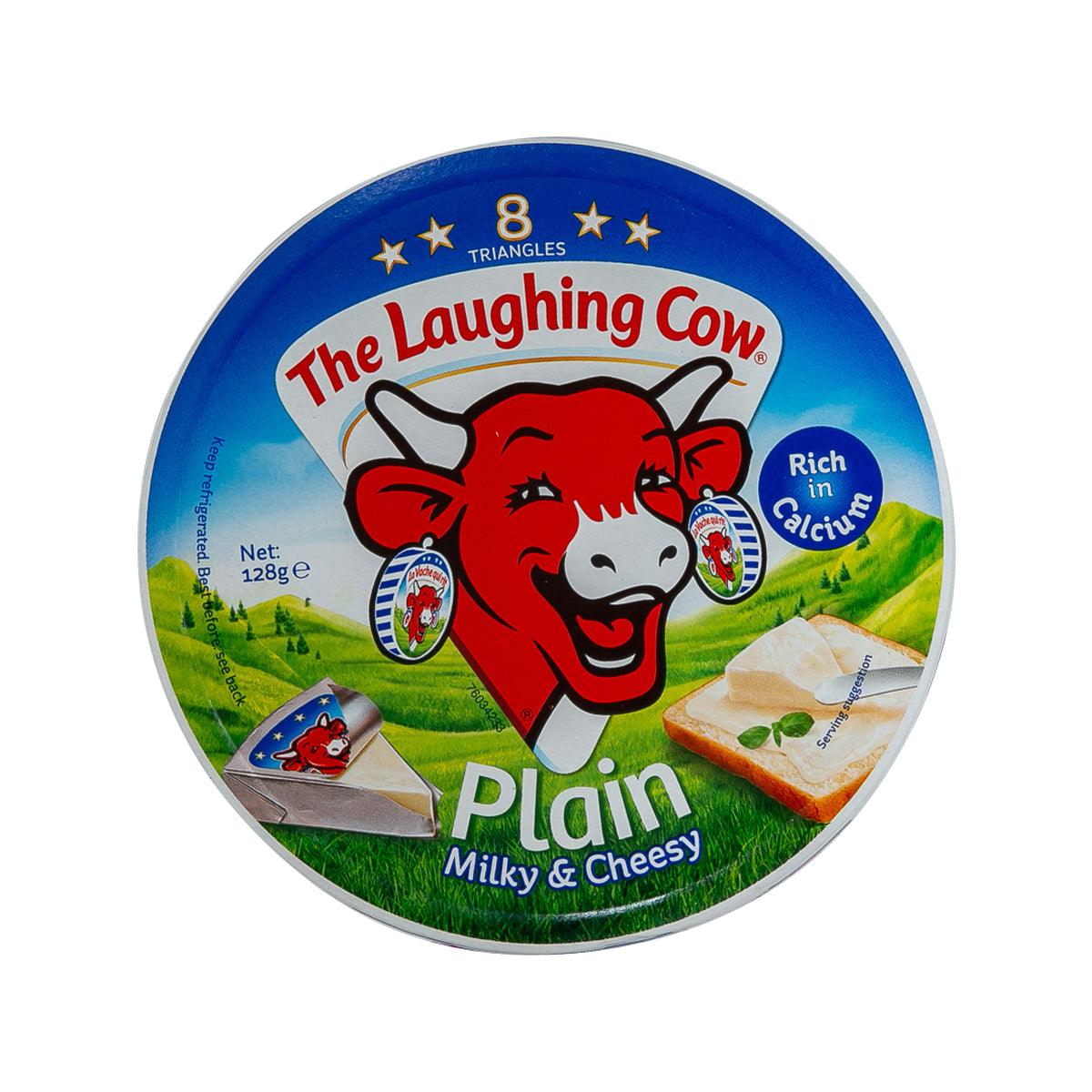 Plain milky & cheesy processed cheese, round tin with label and cow graphic