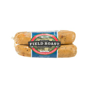 Plant-based sausage pack with two garlic & fennel sausages, blue label.