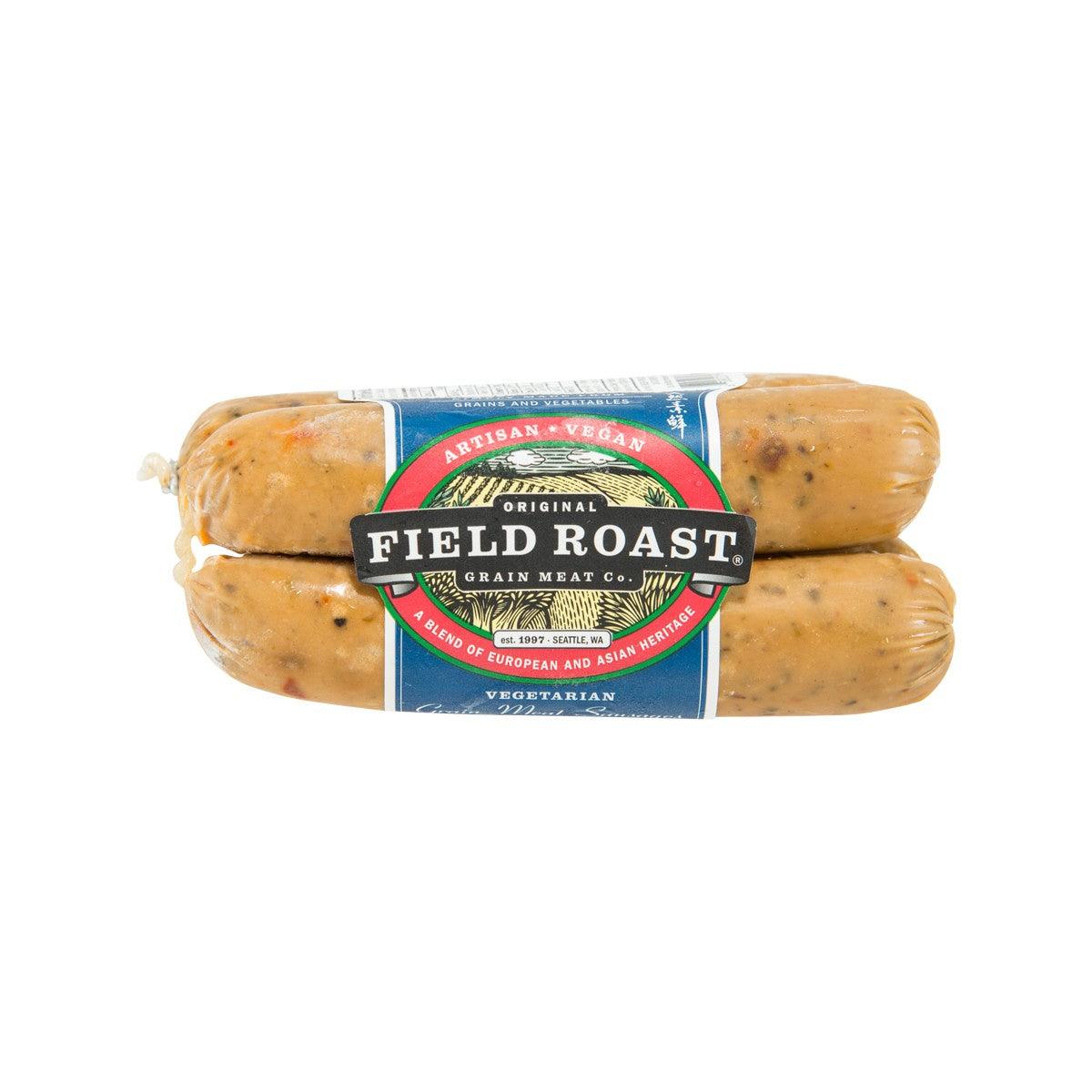 Plant-based sausage pack with two garlic & fennel sausages, blue label.