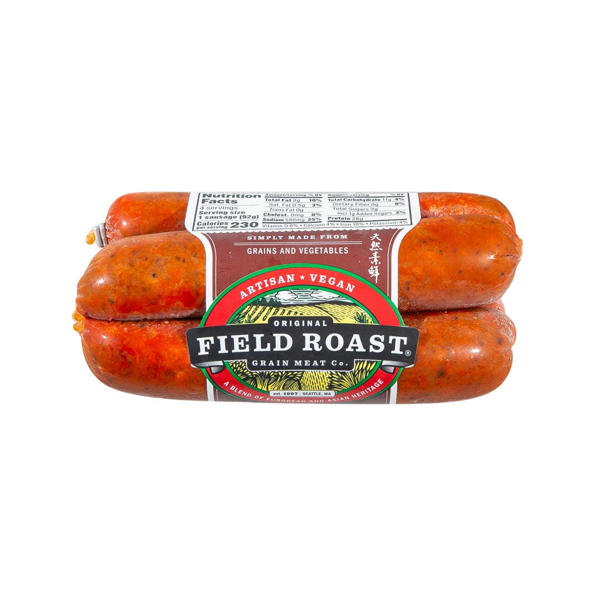 FIELD ROAST plant-based spicy chipotle sausages, orange links with package label