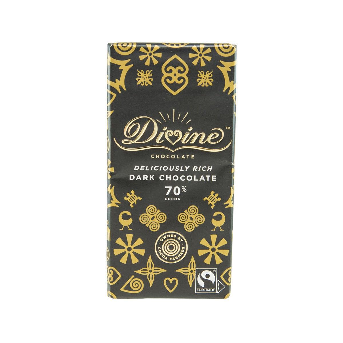 Dark chocolate bar in gold-and-black foil wrapper, 70% cocoa, Divine 90g