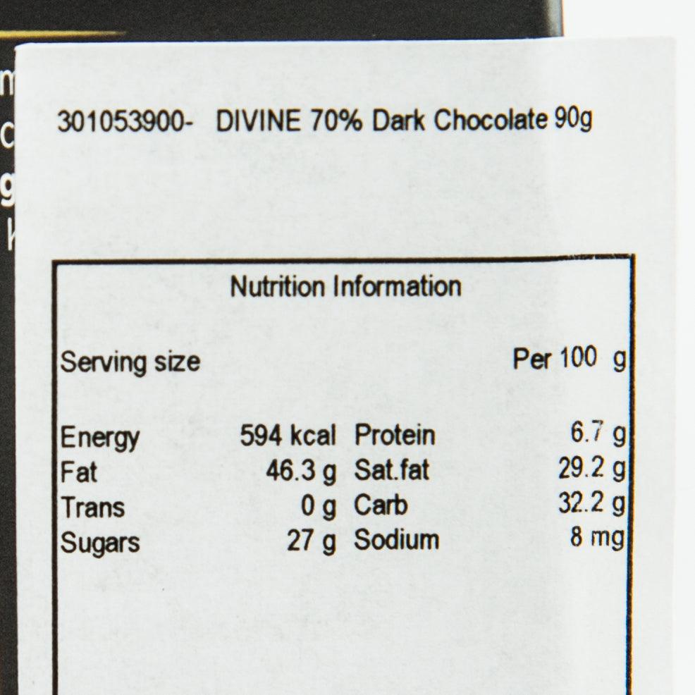 Nutrition information label for 70% dark chocolate bar, serving size per 100 g