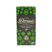 Divine 70% dark chocolate with mint crisp, 90 g bar package front