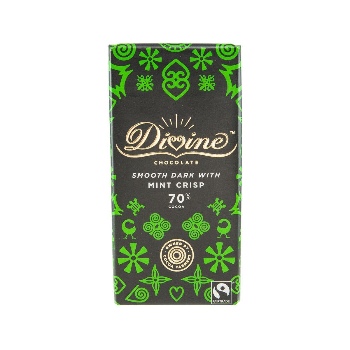 Divine 70% dark chocolate with mint crisp, 90 g bar package front