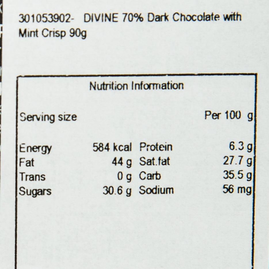 Nutrition information label for Divine 70% dark chocolate, per 100 g