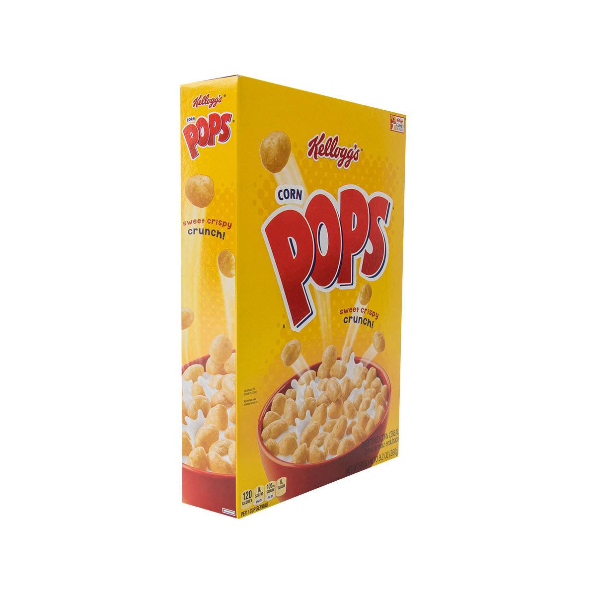 Kellogg's Corn Pops cereal box shown from the side with bowl of cereal graphic