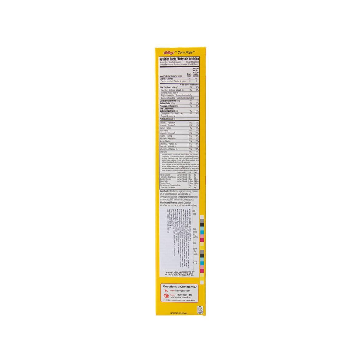 Kellogg's Corn Pops cereal box back panel with ingredients and nutrition label