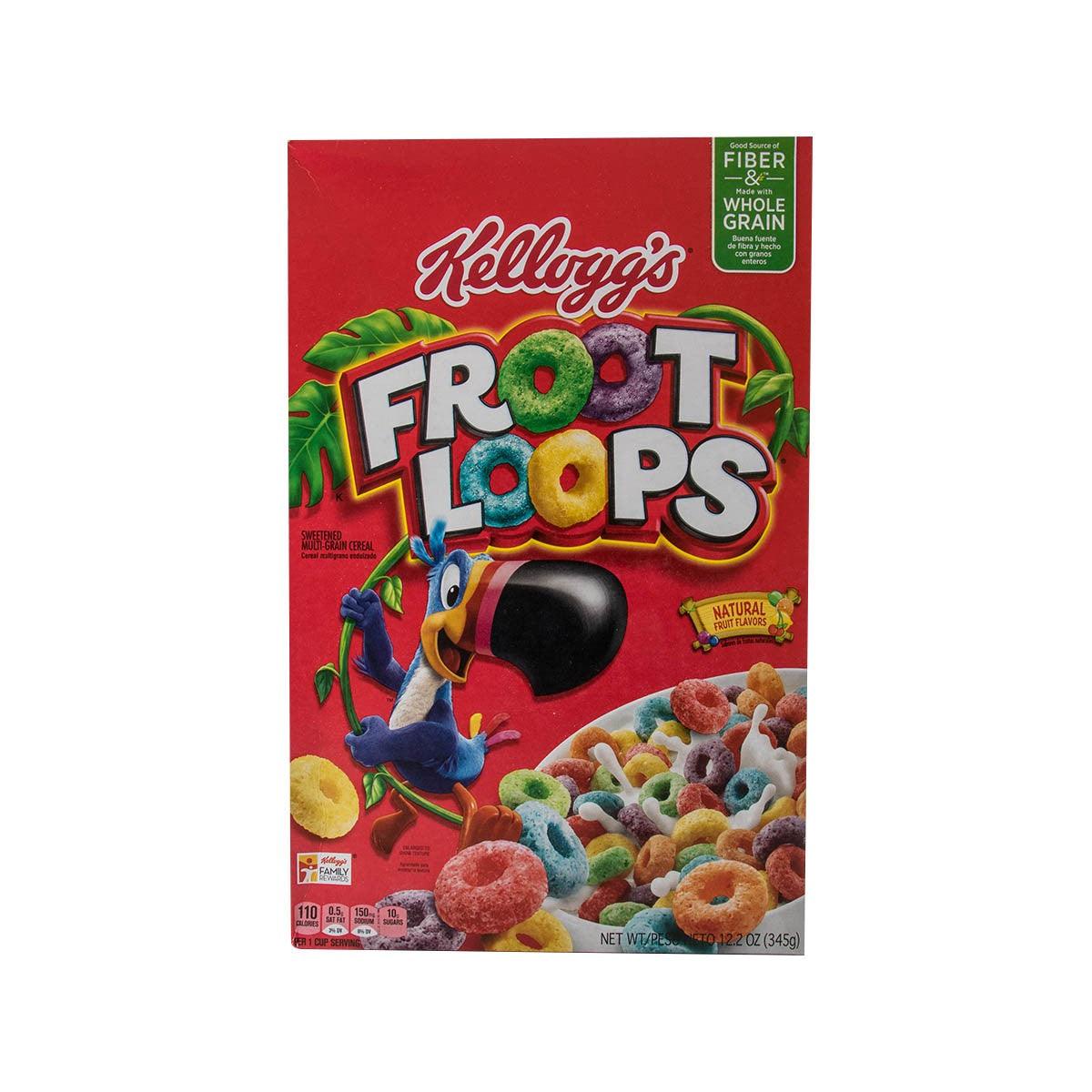 Kellogg's Froot Loops cereal box with logo, colorful rings, and 252g size