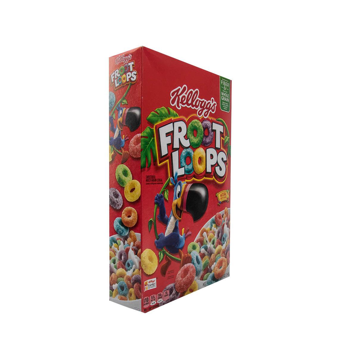 Kellogg's Froot Loops cereal box side panel with logo and fruit-and-cereal character art