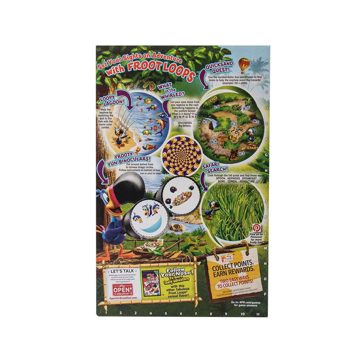 Kellogg's Froot Loops cereal box back with games, icons, and bowl graphics