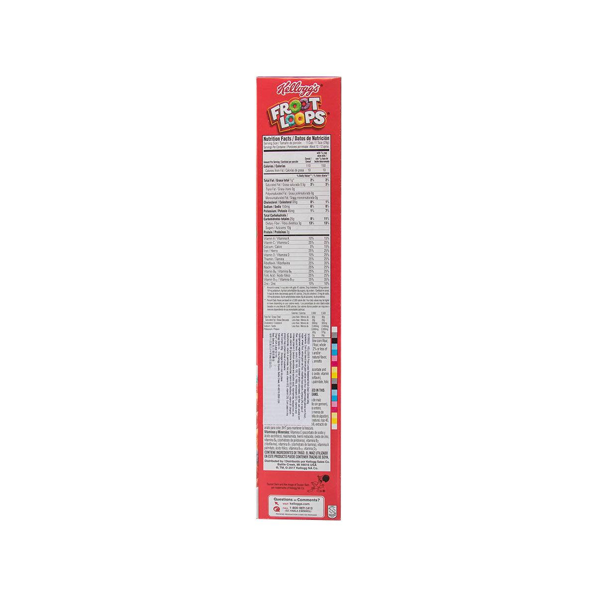 Kellogg's Froot Loops cereal box nutrition facts panel on tall red side