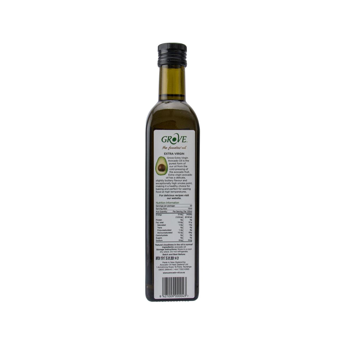 GROVE extra virgin avocado oil bottle, 500 mL, back label with barcode