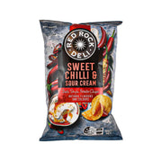 RED ROCK DELI sweet chilli & sour cream potato chips bag, front view