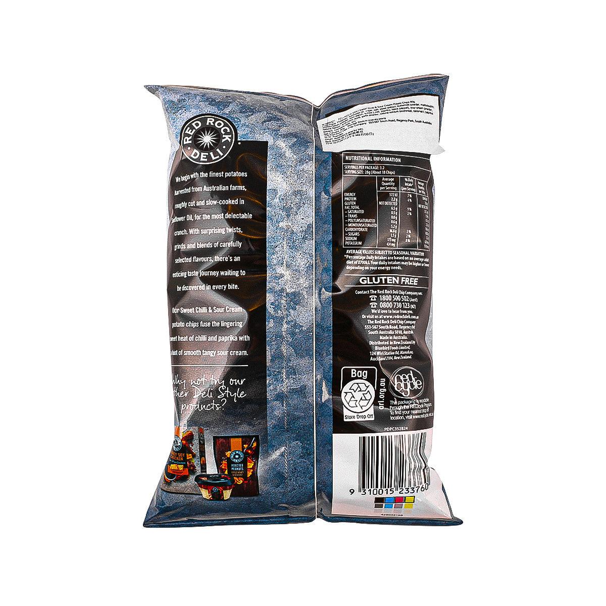 RED ROCK DELI sweet chilli & sour cream potato chips bag, back with details