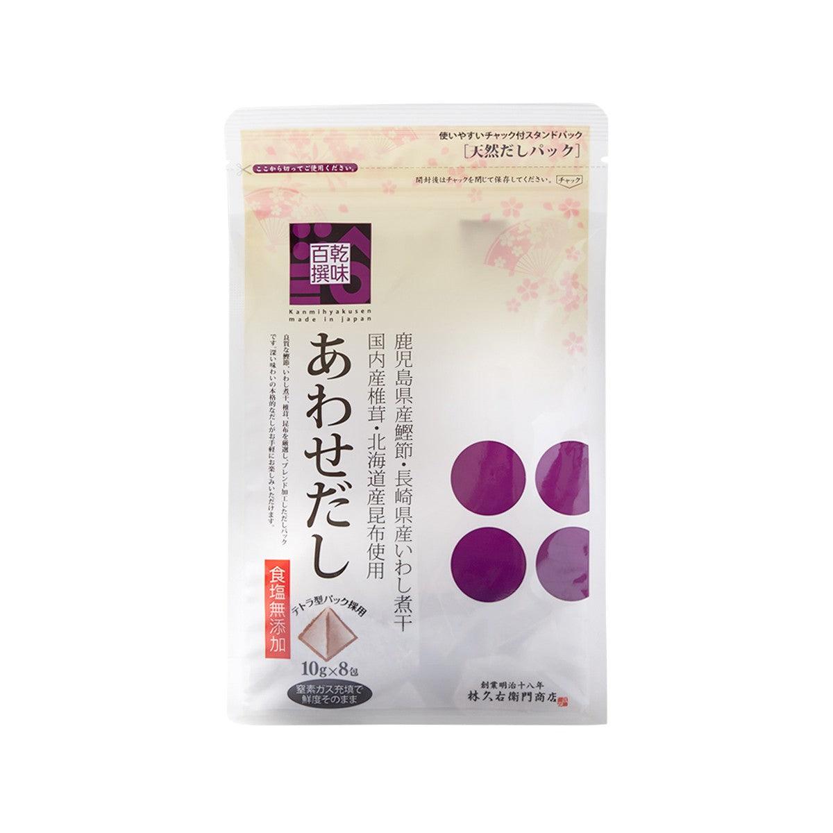 KYUEMON natural soup stock seasoning pouch, white with purple circular design, 80g