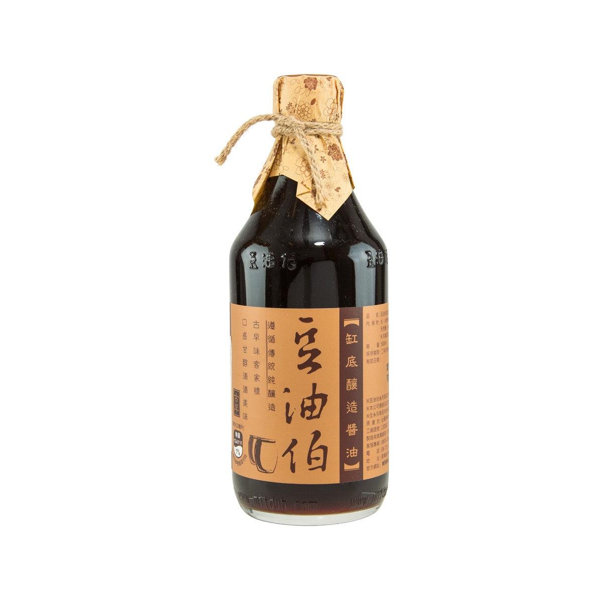 Soy sauce bottle, dark glass with fabric tie and front label, 500 mL