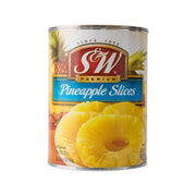 Canned pineapple slices in syrup in metal can with pineapple slice label