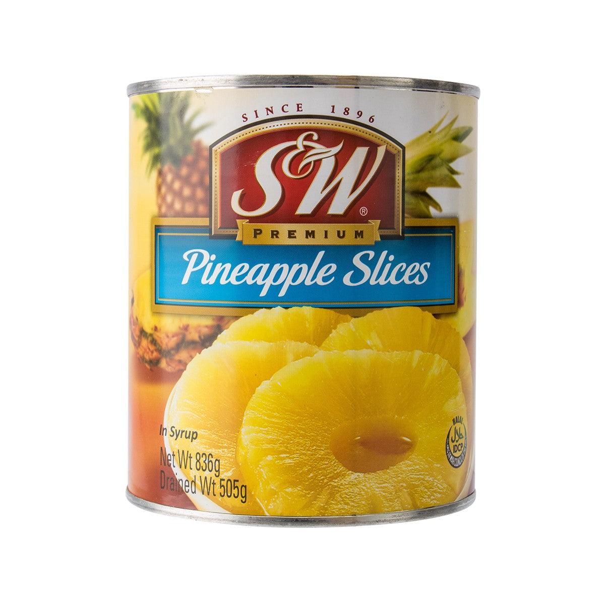 S&W Premium pineapple slices in syrup in metal can with yellow pineapple rings
