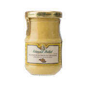 Dijon mustard with white wine jar, golden yellow condiment in glass container