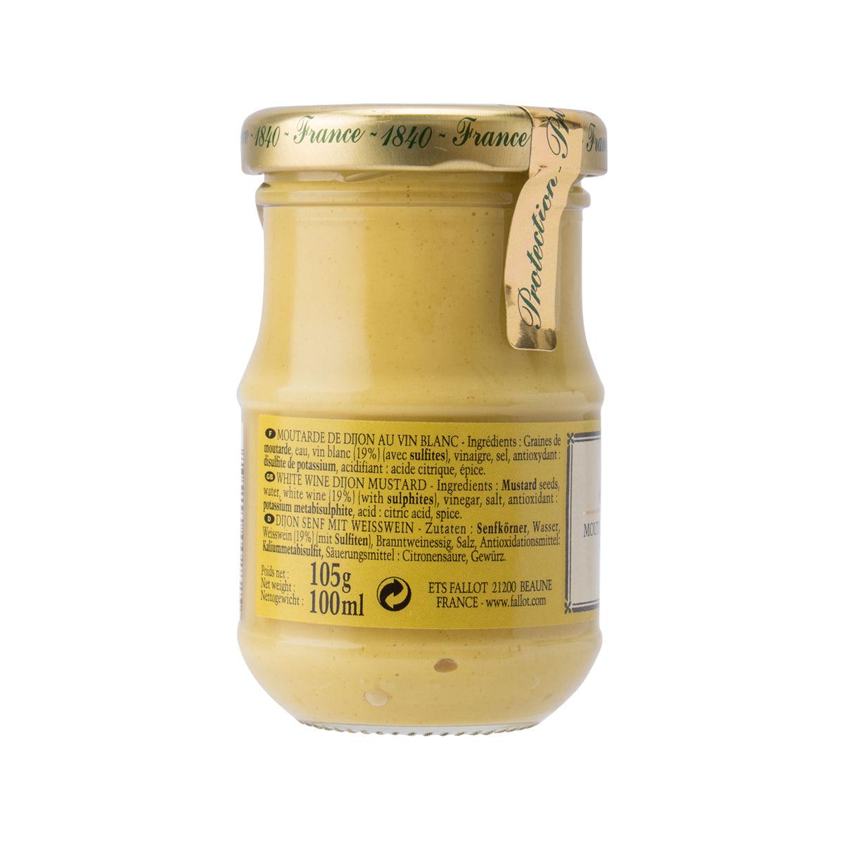 Dijon mustard with white wine, back label on golden glass jar with barcode