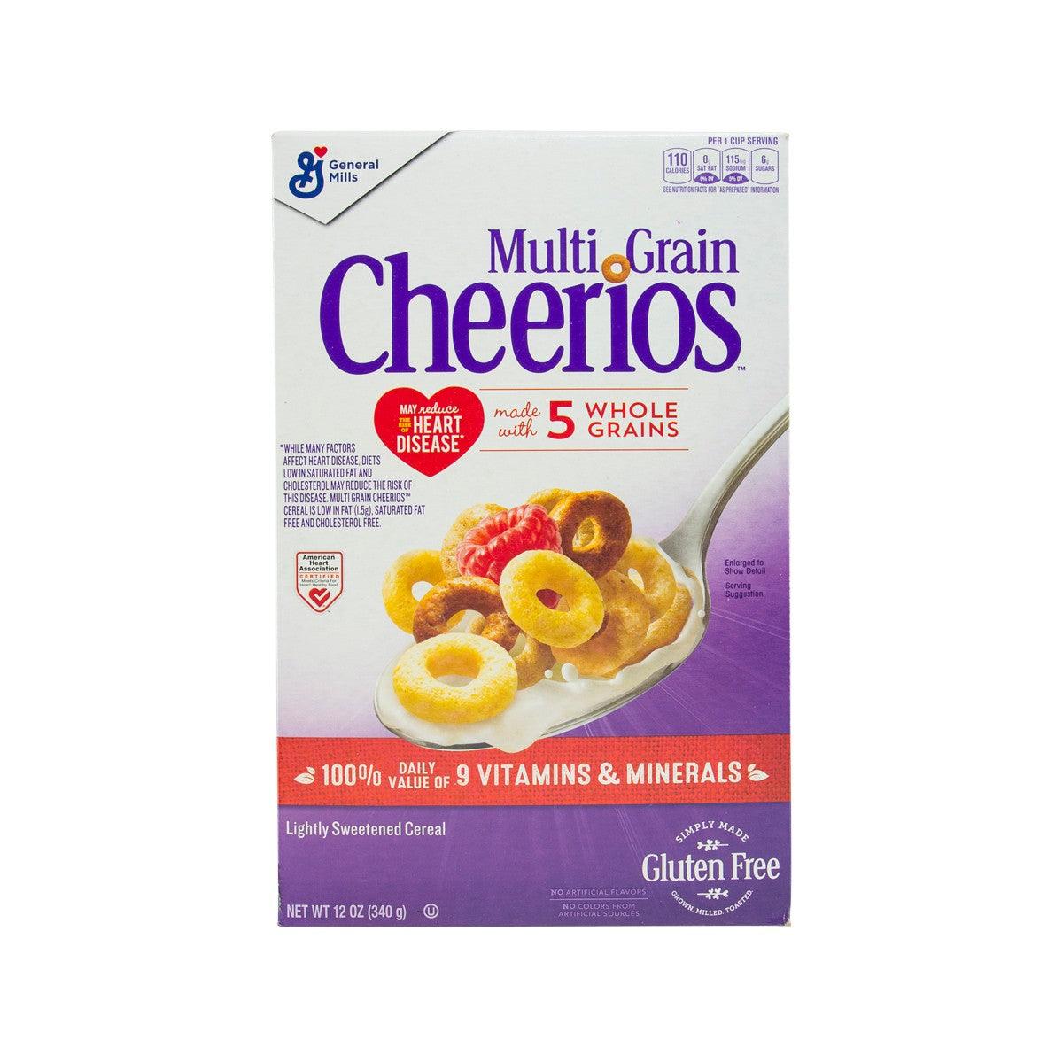 Multi-Grain Cheerios cereal box front with cereal rings and Gluten Free label