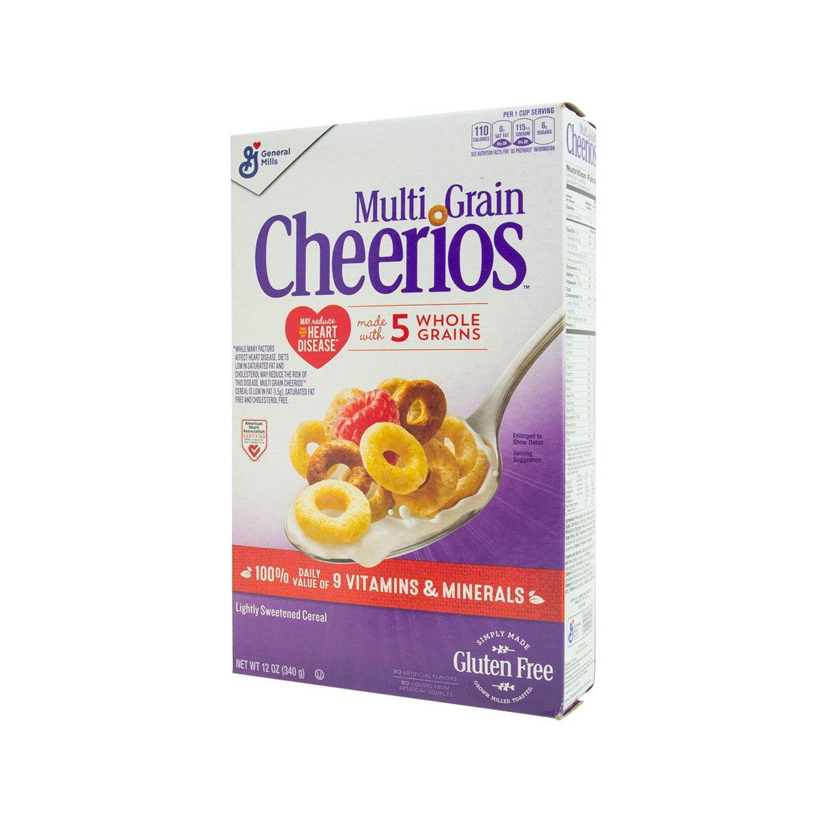 Multi-Grain Cheerios cereal box front angled view with cereal rings illustration