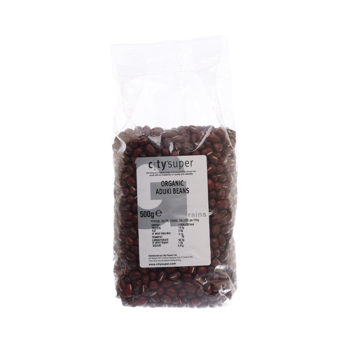 Organic aduki beans in clear plastic pouch, 500 g, with product label