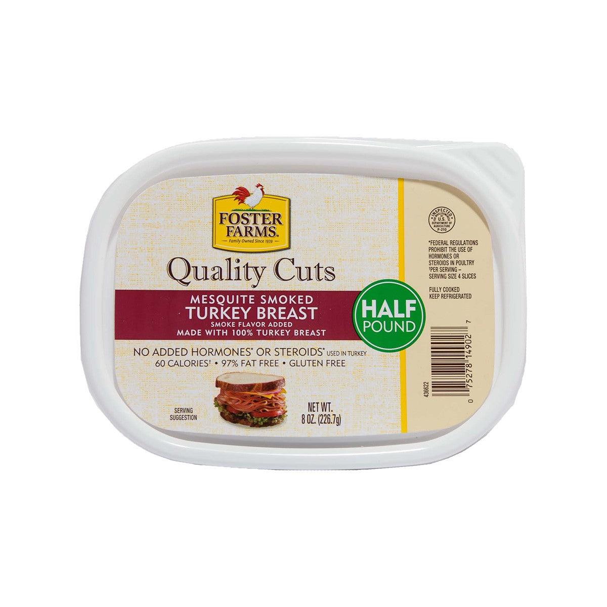 Foster Farms mesquite smoked turkey breast in clear plastic tub, front label
